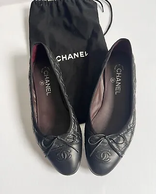 CHANEL Quilted Black Leather Ballerina Pumps Size 39 (UK6) • £425