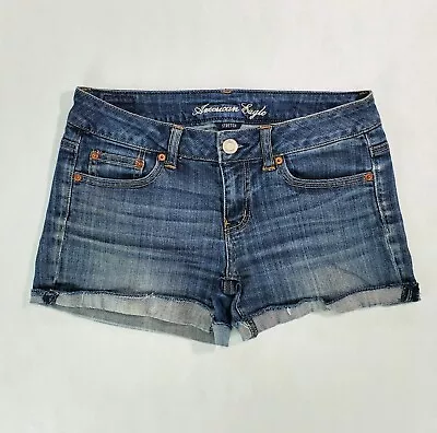 $21 • Buy American Eagle Women's Jean Shorts Cut Off AE Stretch Midi Blue Denim Sz. 4