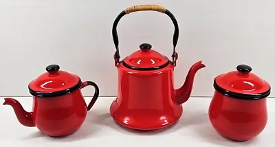 6 Pc Asahi Red Teapot Creamer Sugar Enamelware Set Vintage Black Trim Japan Lot • $69.87