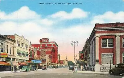 Main Street Cars People Stores Signs Marshalltown Iowa IA Linen VTG P132 • $10.39