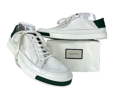 Gucci Auth Men 10.5 US 10 UK 44 EU White Green Leather Sneakers Low Top Shoes • $177