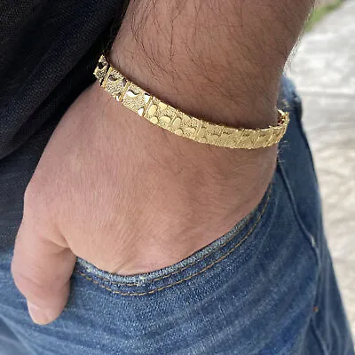 Mens Nugget Hip Hop Bracelet Gold Over Real Solid 925 Sterling Silver 8.5  X 8MM • $89.95