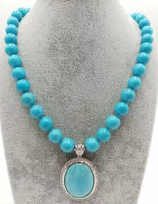 Natural 10mm Blue Turquoise Round Gemstone Beads Pendant Necklace 18  • $6.99