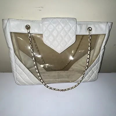 CHANEL Clear PVC & White Patent Leather X- Large Vintage Shopping Tote Bag • $595.99