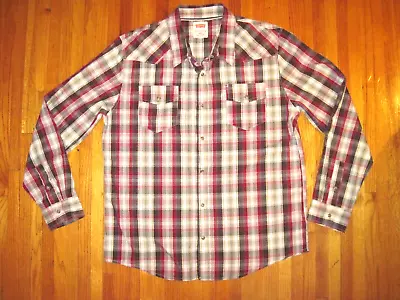 Vintage Levi's Red/Gray Plaid Gray Pearl Snap Western Cowboy Ranch Shirt 2XL • $24