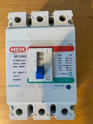 £120 • Buy MEM MCCB 200 Amp Triple Pole 200A 3 Phase MFL2003 Memshield 2 MFL2003