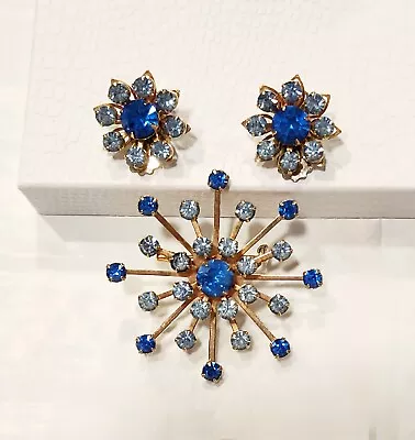 Set 3 Piece Vintage Brooch EarringsSpecial Dark Blue Light Blue Bright Stones • $25