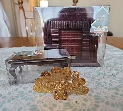 Vintage Lot Mini Dreams Dollhouse Doll House Furniture Fireplace & Table Walnut  • $29.99