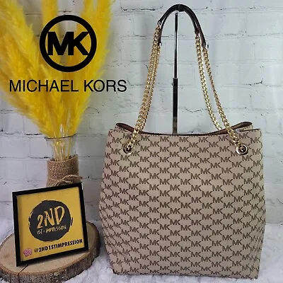 Michael Kors Jet Set Chain Large Signature Tote Khaki/Brown Coated Canvas Bag • $95