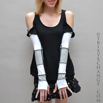 Long Cotton Arm Warmers Gray White Striped Patchwork Gloves Thumb Holes Driving • $34