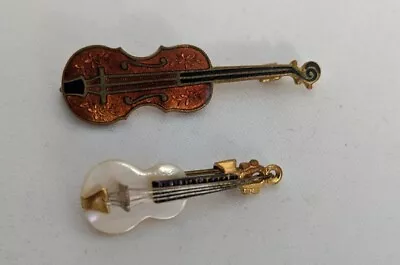 Set Of 2 Vintage Violin Cello Pins Enamel Mother Of Pearl 3D • $14.99