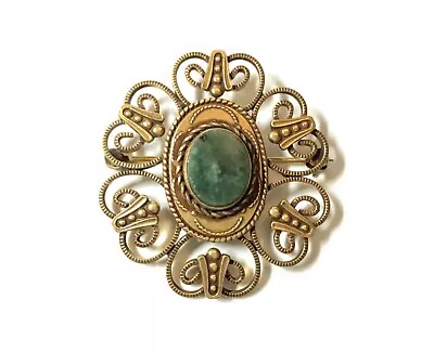 Vintage Renaissance Revival C1960s Jade & Gold Plated Brooch • $15.95