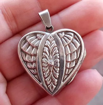 1 3/8  Sterling Silver Vintage Floral Puffy Repousse Heart Locket Pendant Opens! • $15.99