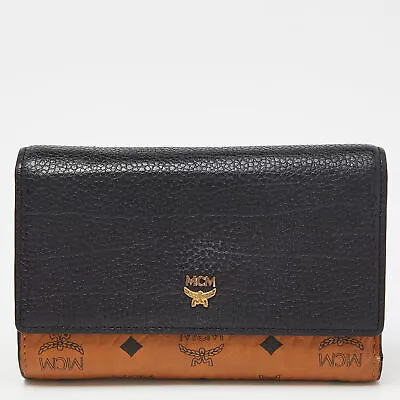 MCM Cognac/Black Visetos Coated Canvas And Leather Flap Trifold Wallet • $154.35