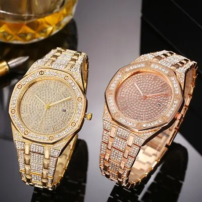 Mens Hip Hop Iced Watches Luxury Bling Simulated Diamond Date Quartz Watch • £11.99