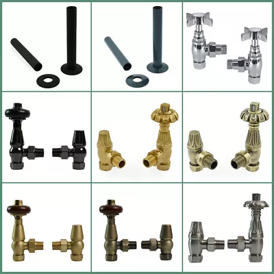 Traditional Thermostatic Manual Angled Radiator Valves Pipes And Collars Brass • £34.99