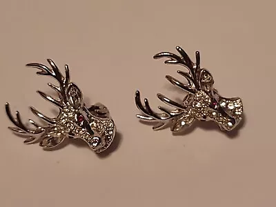 Signed ORA Clip On Earrings Elk Deer Buck Pave Rhinestones Silvertone W/Red Eyes • $19.99