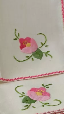 7 Vintage Pink & Green Floral Hand-Embroidered Table Napkins In NC - 15  X 15  • $15