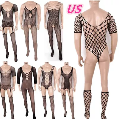 US Mens Sheer Fishnet Stretchy Body Pantyhose See Through Bodystocking Nightwear • $7.51