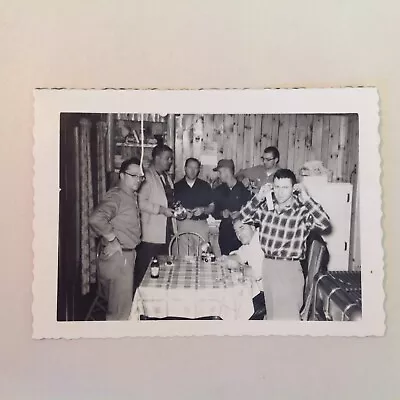 Vintage 1959 Deer Season Camp Lodge Hunters Pose Interior Cabin B&W Photograph • $9.99