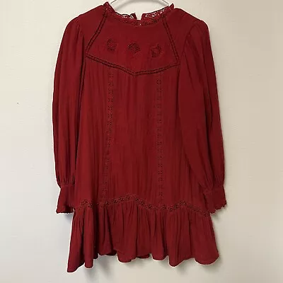 Zara Dress Embroidered Cotton Long Sleeve Apple Red Dress XS • $19.97