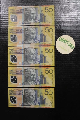 $65 • Buy 5x 1995 Australian $50 General Prefix Fraser/Evans Polymer Banknotes