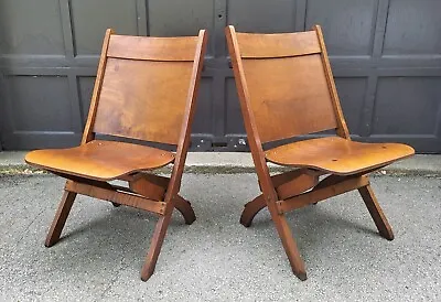 Pair Antique Folding Chairs NATIONAL SCHOOL EQUIP Sturdy Wood PORT WASHINGTON WI • $295