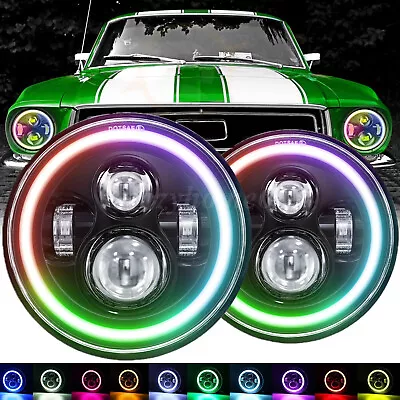 For Ford Mustang 1965-1978 Pair 7  Inch LED Headlights RGB Halo Ring Angel Eyes • $69.99