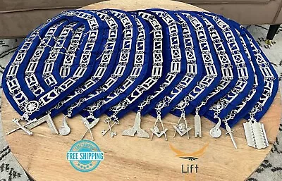 Masonic Regalia Blue Lodge Officer Chain Collar Silver On Blue Backing Set Of 12 • $230