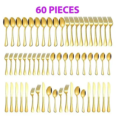 60-Piece Gold Silverware Set Stainless Steel Flatware Cutlery Set Service For 12 • $43.47