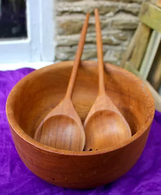 Retro Teak Burma Wood Salad Bowl 8.5  & Salad Servers Vintage Galatix England • £22