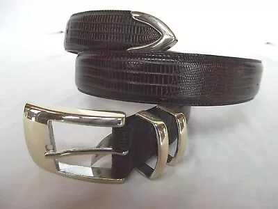 Vtg Marshall Fields Belt 32 Brn Emboss Leather Faux Croc Snake Stitch Brass NEW • $24.99