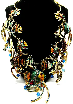 LUNCH AT THE RITZ Massive Enamel Crystal Angel Fish Fishnet Necklace • $699.99