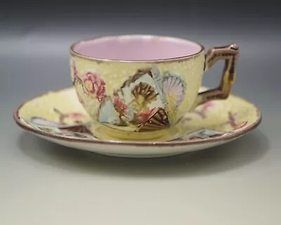 Antique Simon Fielding Majolica Fan And Bird Yellow Cup And Saucer Set • $79.05