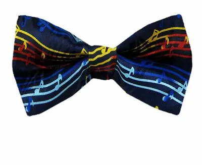 Men's Musical Notes Pre Tied Novelty Bow Tie Navy Red Yellow Fun Musical Theme • $14.95