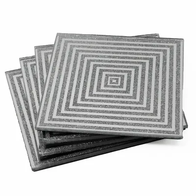 Geometric Square Lustre Silver Sparkle Glitter Mirrored Glass Coaster Set Of 4 M • £9.95