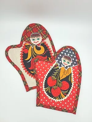 Pair Vintage Russian Doll Matryoshka Potholders Oven Mitts Embroidered Handmade • $25