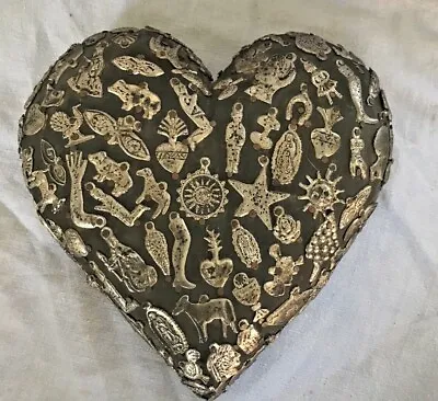 Wall Plaque Heart Shape W Silver Color Metal Icons Mexico 7  Tall • $39.99