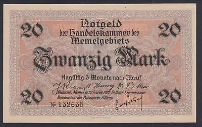 NOTGELD - Memel 20 Mark 22 Février 1922 French Administration-Post WWI Lartdes • $120.28