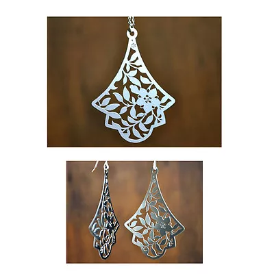 Beautiful Laser Cut Stainless Steel Shangia Necklace Earrings Sterling Silver   • $57
