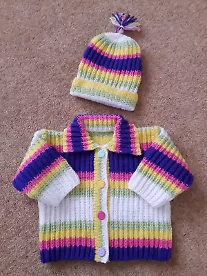 Hand Knitted Baby Clothes Girls Cardigan & Hat Set 3/6months **Charity Auction** • £17.99