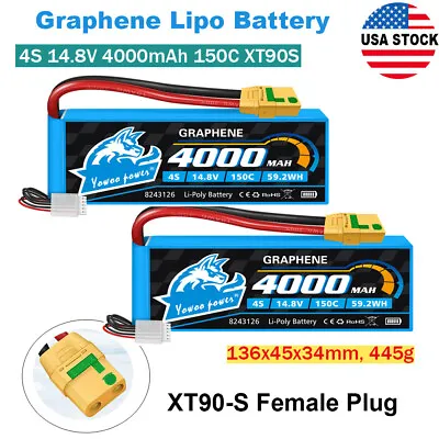 2pcs Yowoo 4000mAh XT90 4S Lipo Battery 150C 14.8V Graphene For Drone Helicopter • $92.86