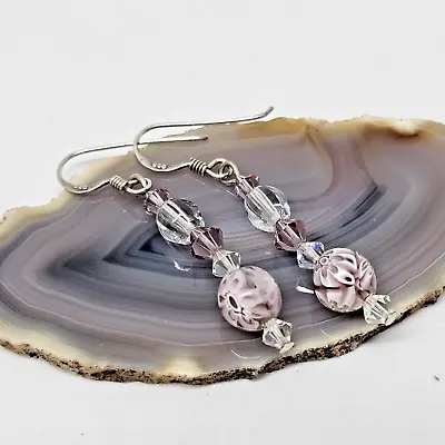 925 Sterling Silver - Purple White Murano Glass Crystal Drop Earrings • £19.25