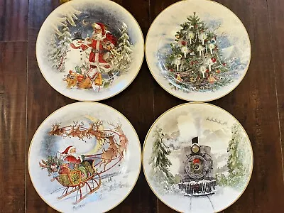 Pottery Barn Nostalgic Christmas Dinner Plates  Set Of 4 Santa Train Reindeer • $129.95