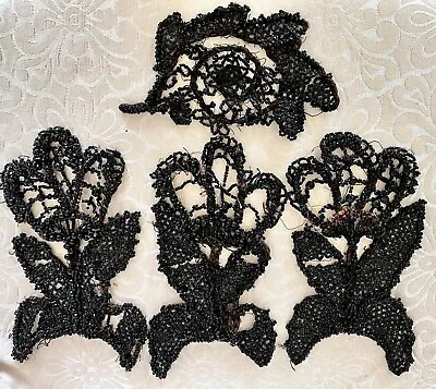 Antique Vtg Victorian Mourning Beaded Trim AppliquÉ 4 Pc Lot Leaves Floral • $12