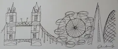 Original Pen & Ink Drawing London Panoramic City Scene Gherkin Shard Bridge Eye • £29.99