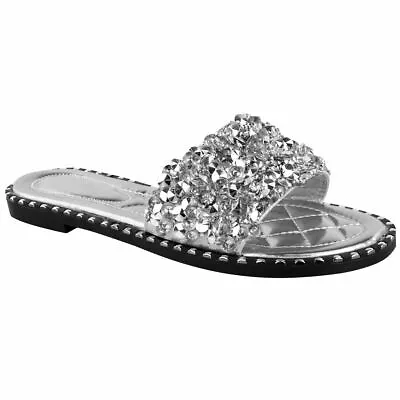 Flat Diamante Sandals Summer Womens Slides Sliders Slip On Mules Pearls Party UK • £13.49