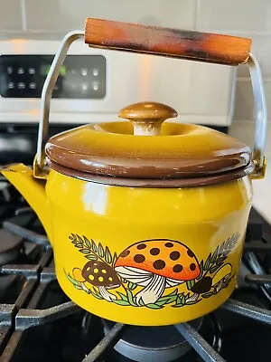 RARE Sear’s Merry Mushroom Enamelware Tea Pot Kettle Harvest Gold 1970s Retro • $110