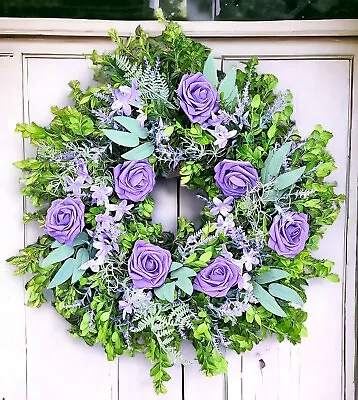  Spring Wreath  Fresh And Green Artificial Purple Flowers Rose Lavender Elegant • £24
