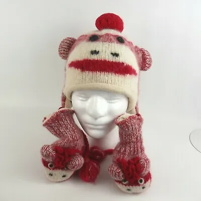 £22.27 • Buy Wool Sock Monkey Fleece Lined Hat With Matching Mittens Youth Handmade In Nepal